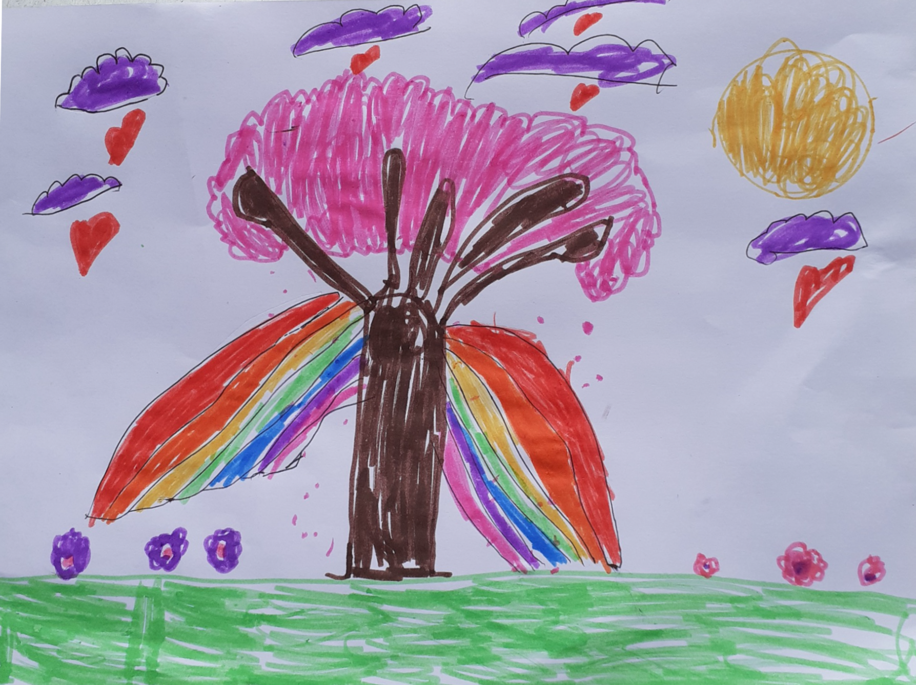 Drawing by hand a water colour. A meadow, flowers, house, rain, rainbow  Stock Photo - Alamy